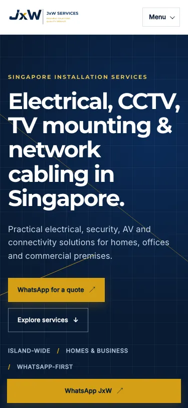 Mobile screenshot of the related JxW Services home page, showing its responsive service-focused layout